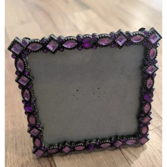 VTG Y2K Jeweled 3x3 Square Picture Frame Pewter Amethyst Lavender Rhinestones - Picture 2 of 16